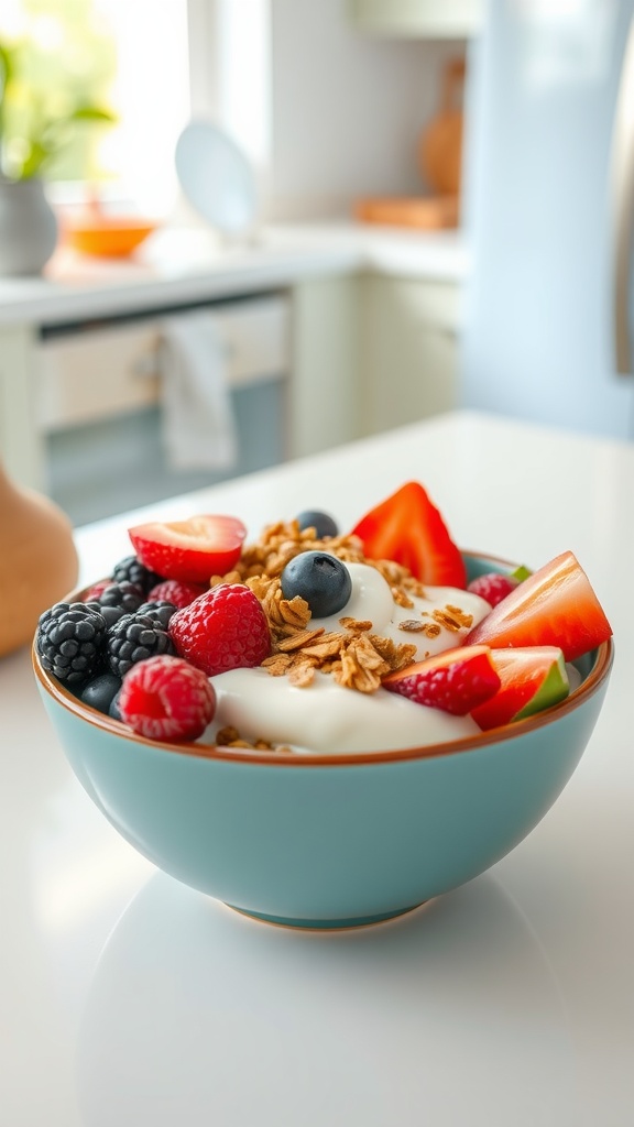 A bowl of Greek yogurt topped with fresh berries and granola on a white countertop.