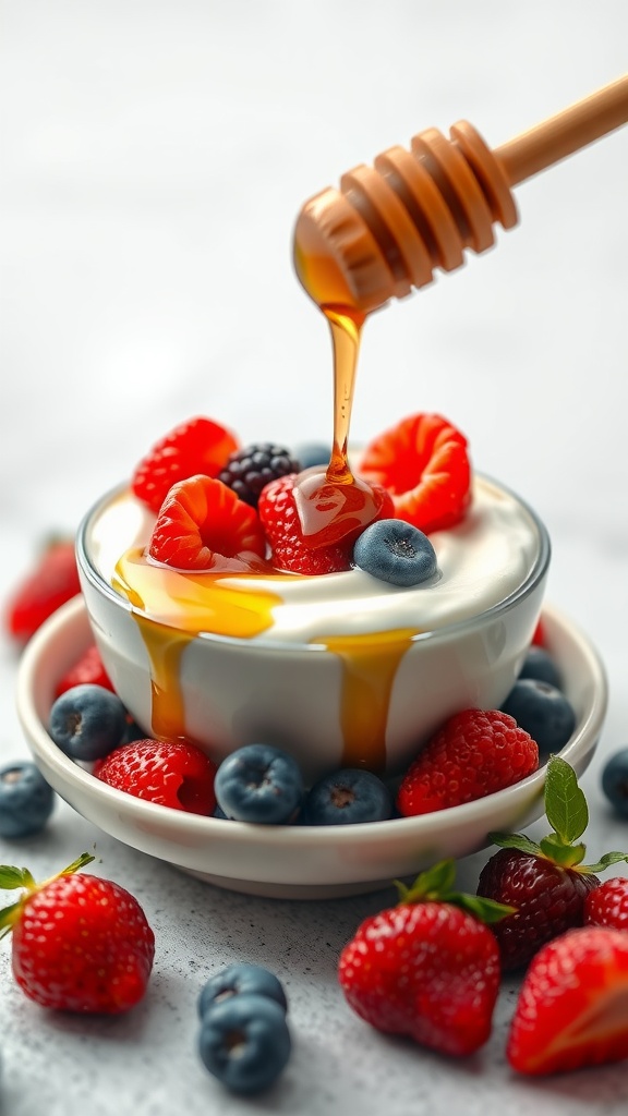Bowl of Greek yogurt drizzled with honey and topped with assorted berries