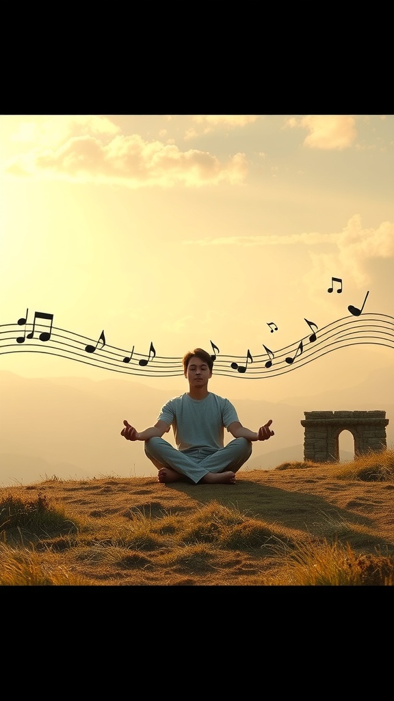 A person meditating in nature with musical notes floating above them.