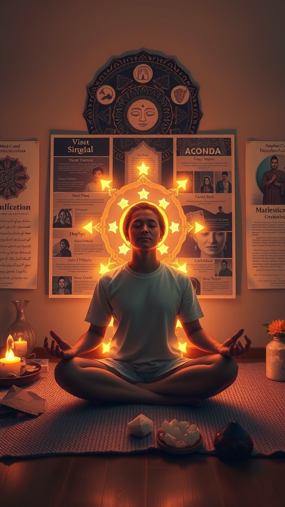 A person meditating in a serene setting surrounded by candles and glowing symbols, emphasizing emotional awareness for manifestation.