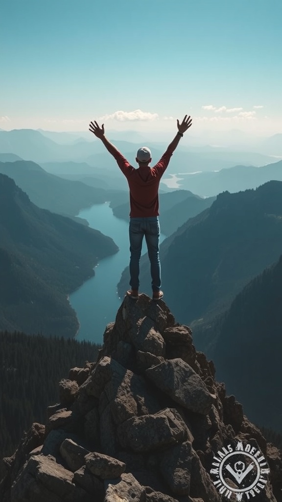 A person standing on a mountain peak with arms raised, overlooking a scenic landscape.