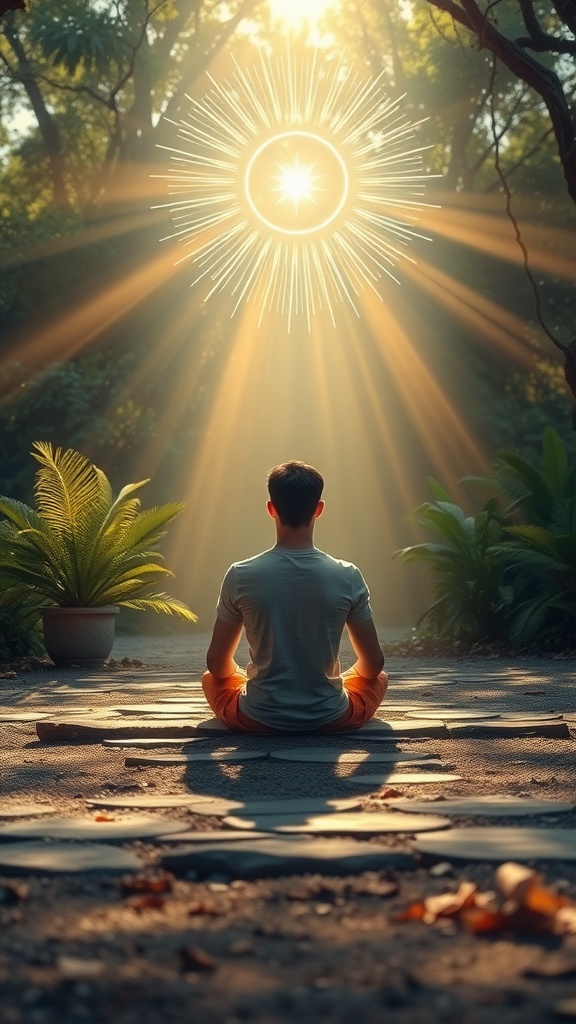 A person meditating in a sunlit forest, surrounded by plants, embodying focus and tranquility.