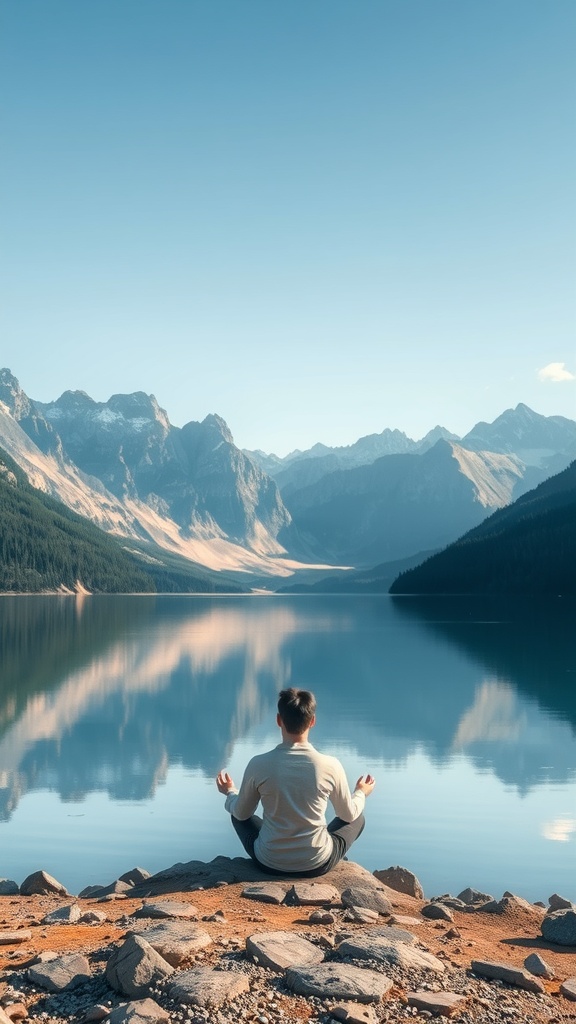 A person meditating by a calm lake surrounded by mountains, representing inner peace.