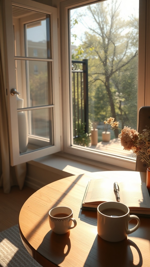 A cozy morning scene with two cups of coffee on a wooden table, a book, and sunlight streaming through an open window.