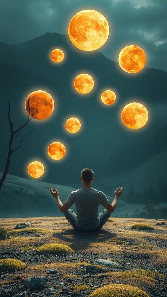 A person meditating in a landscape with glowing moons around them.