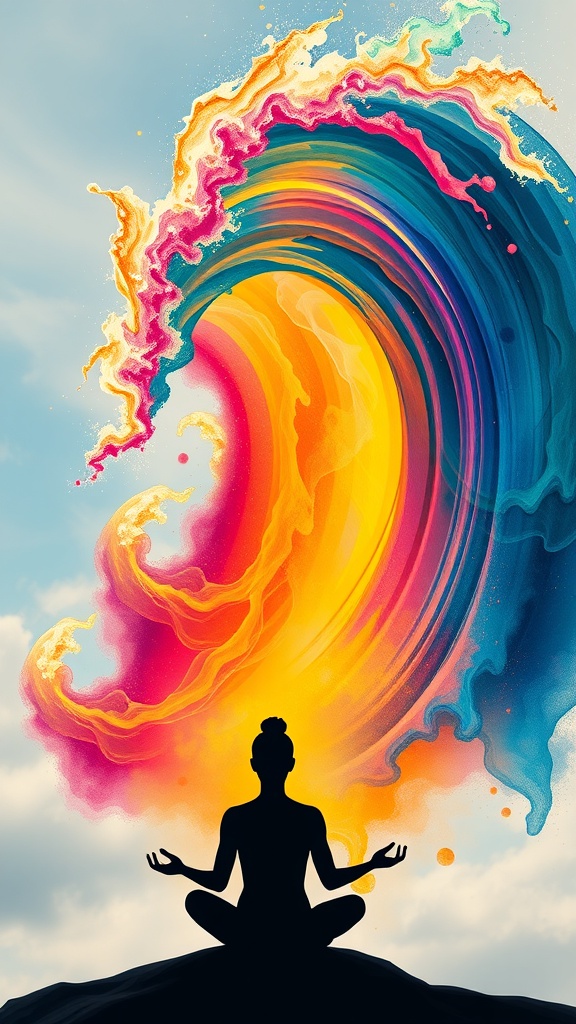 A silhouette of a person meditating with a colorful wave of energy above them.