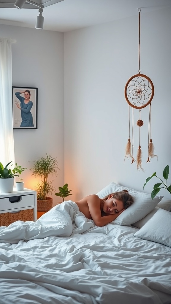 A person sleeping peacefully in a cozy bedroom with plants and soft lighting.