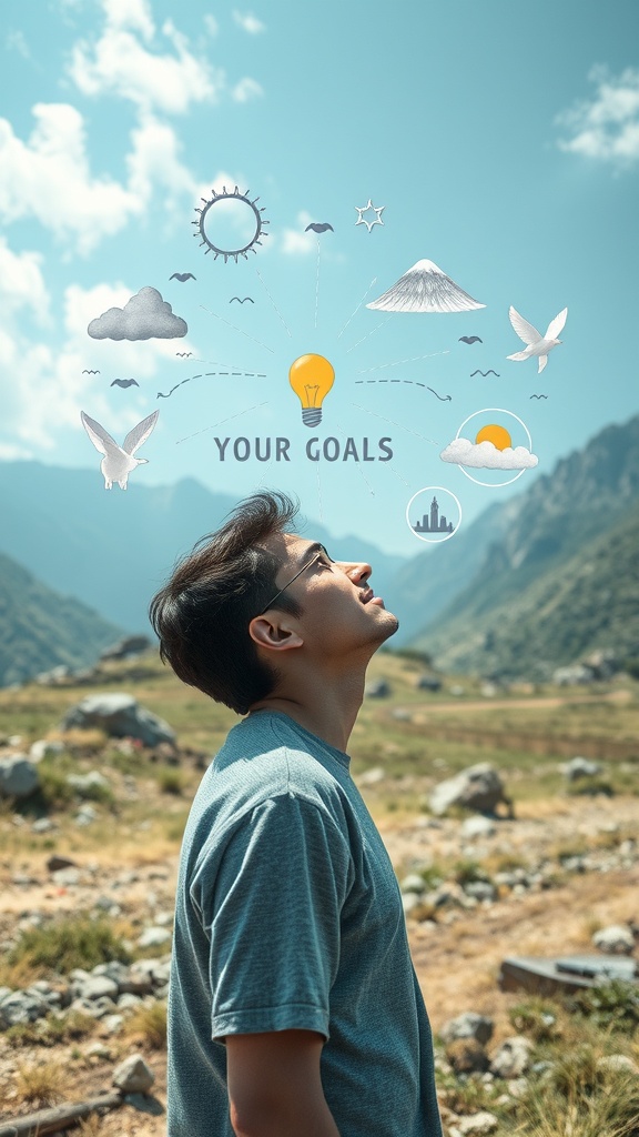 A person looking up at the sky with symbols representing goals above them.