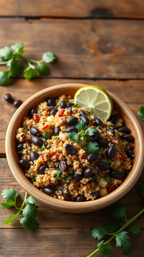 A bowl of quinoa and black bean salad topped with herbs and a slice of lime.