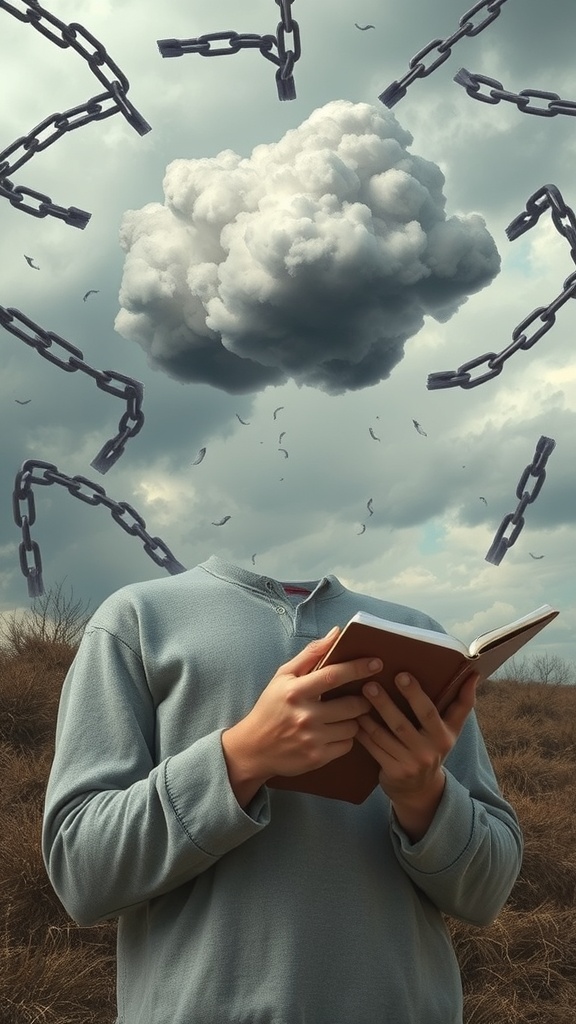 A person holding a book with a cloud above their head, surrounded by chains, symbolizing negative thoughts and patterns.