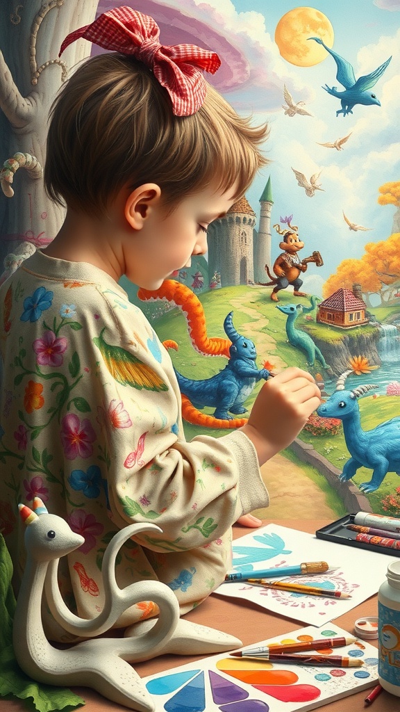 A child painting a colorful imaginative scene with mythical creatures and a castle, symbolizing creativity.