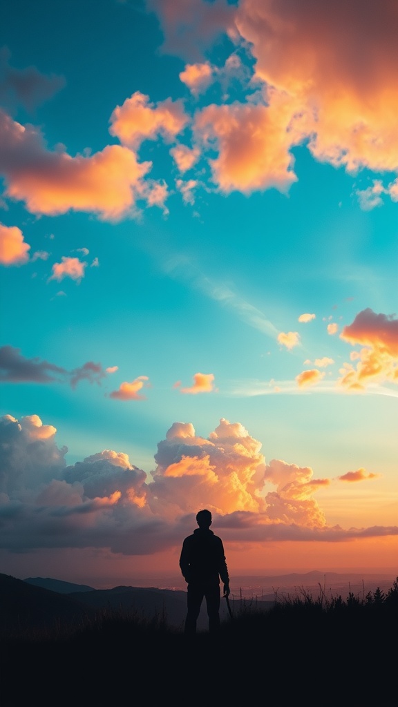 Silhouette of a person standing on a hill at sunset, with a colorful sky filled with clouds.