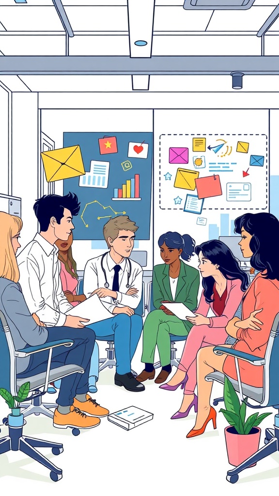 A diverse group of individuals in a modern office engaged in a collaborative meeting.