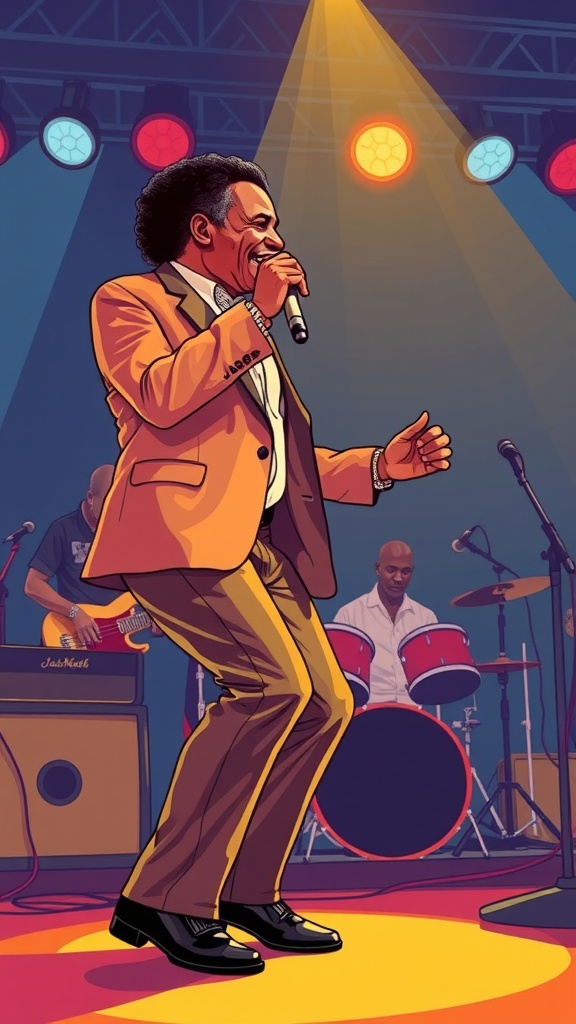 A singer performing on stage with a band in the background, capturing the energetic vibe of funk music.