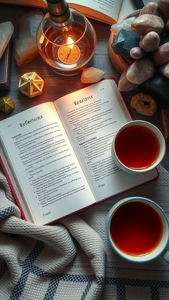 A cozy setting with an open journal, candles, and two cups of tea.