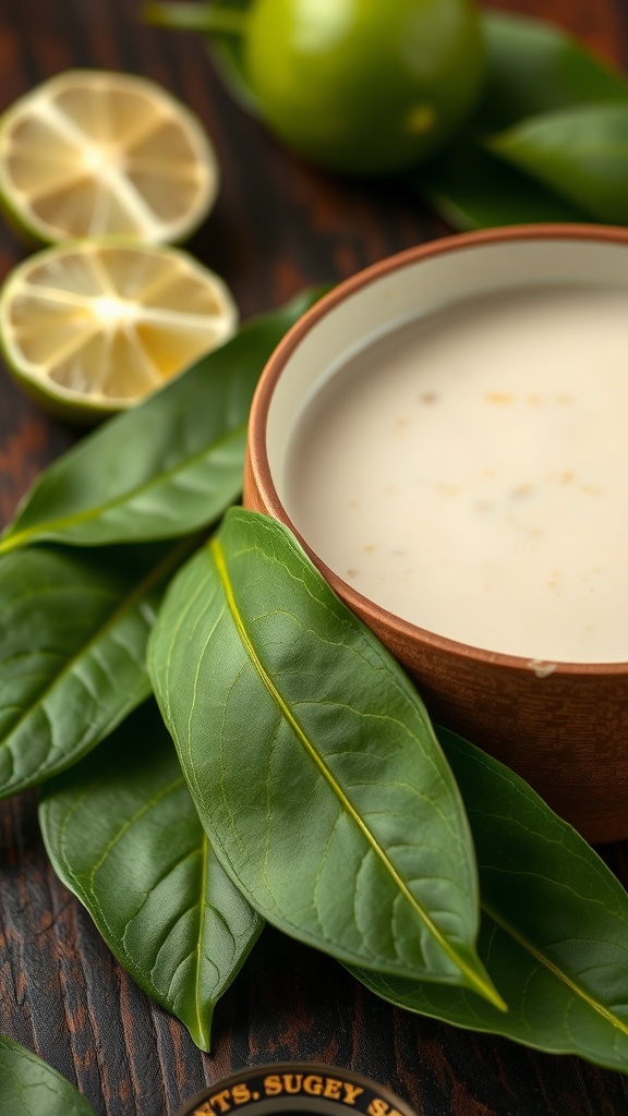 Kaffir lime leaves with a bowl of creamy liquid and lime halves on a wooden surface.