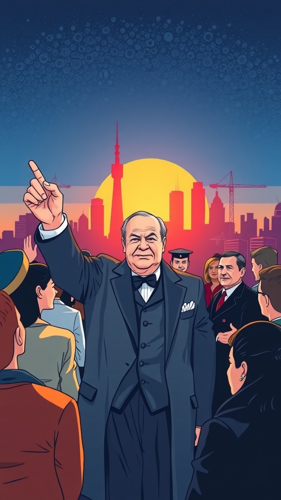 Winston Churchill animated, raising his hand in a city skyline at sunset