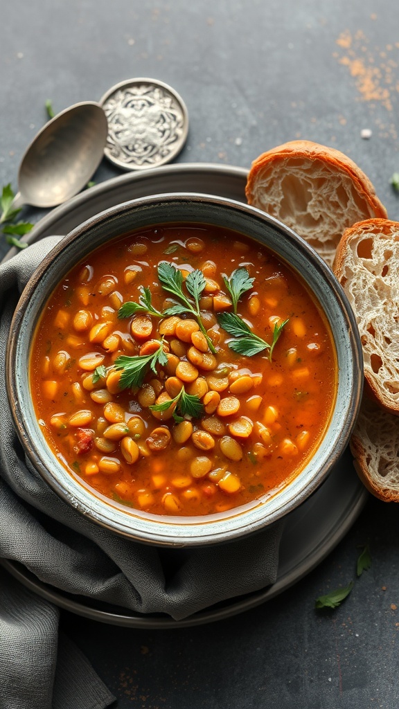 A bowl of lentil soup garnished with fresh herbs, served with slices of bread.
