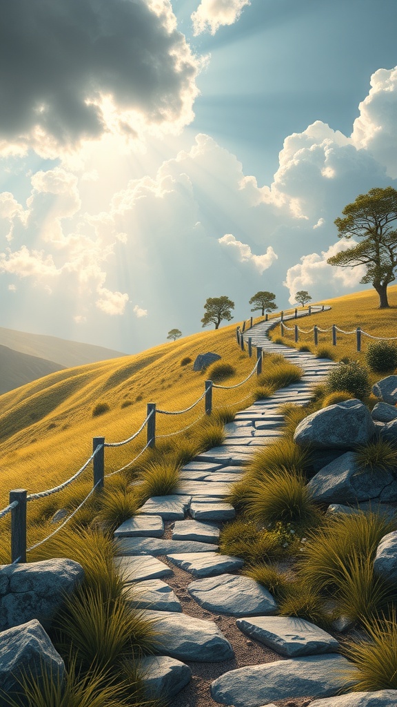 A winding stone path through a sunlit landscape with clouds and grass