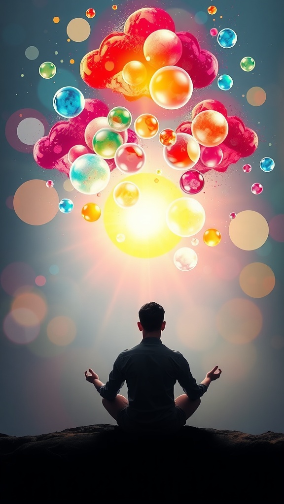 A person meditating with colorful bubbles and clouds above, symbolizing dreams and positive thinking.