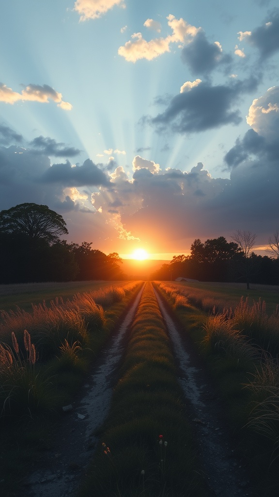 A sunset with rays of light breaking through clouds over a grassy path.