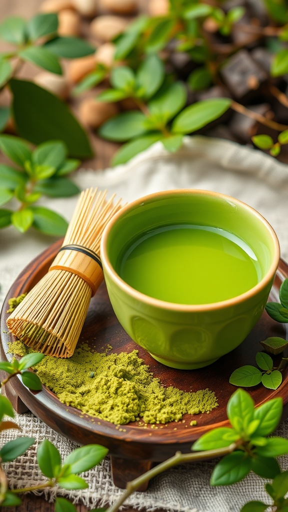 A bowl of matcha tea with matcha powder and a bamboo whisk on a wooden tray, surrounded by green leaves.