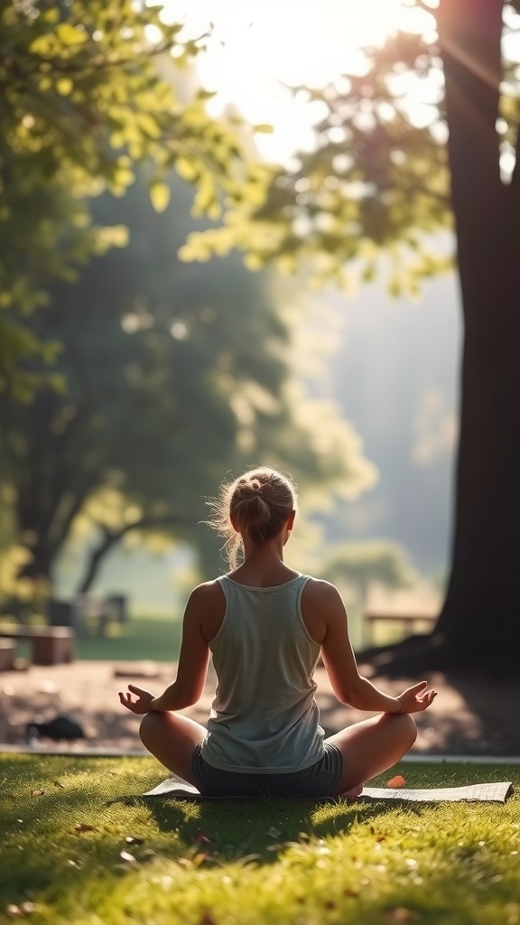 A person meditating on a yoga mat in a sunlit park, surrounded by trees.