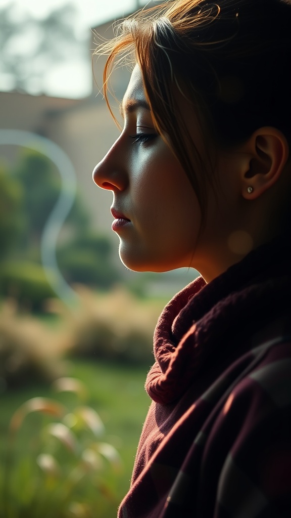 A woman practicing mindful breathing in a serene environment.