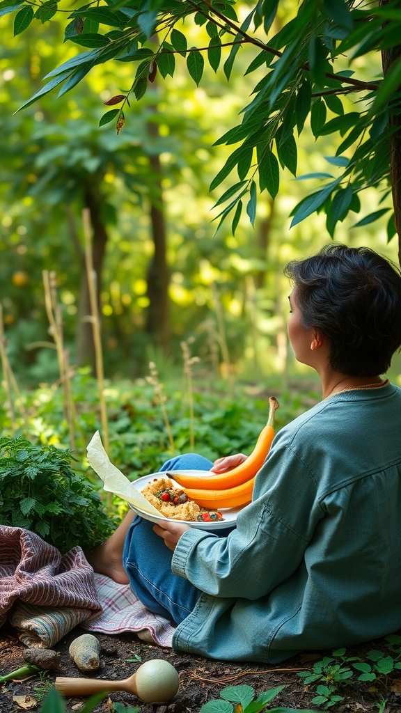 A person sitting in nature enjoying a colorful plate of fresh food, surrounded by greenery.