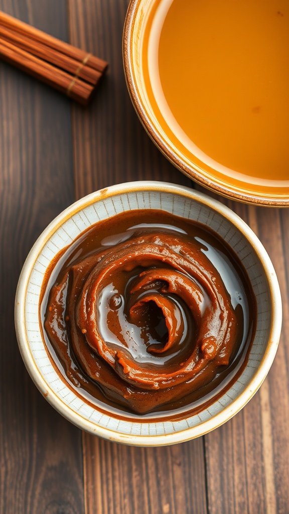 A bowl of miso paste with a swirl pattern, alongside a bowl of broth and chopsticks.