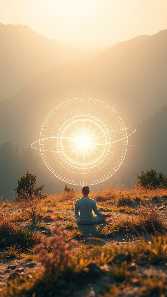 A person meditating in nature with a glowing circle representing energy and quantum connection.