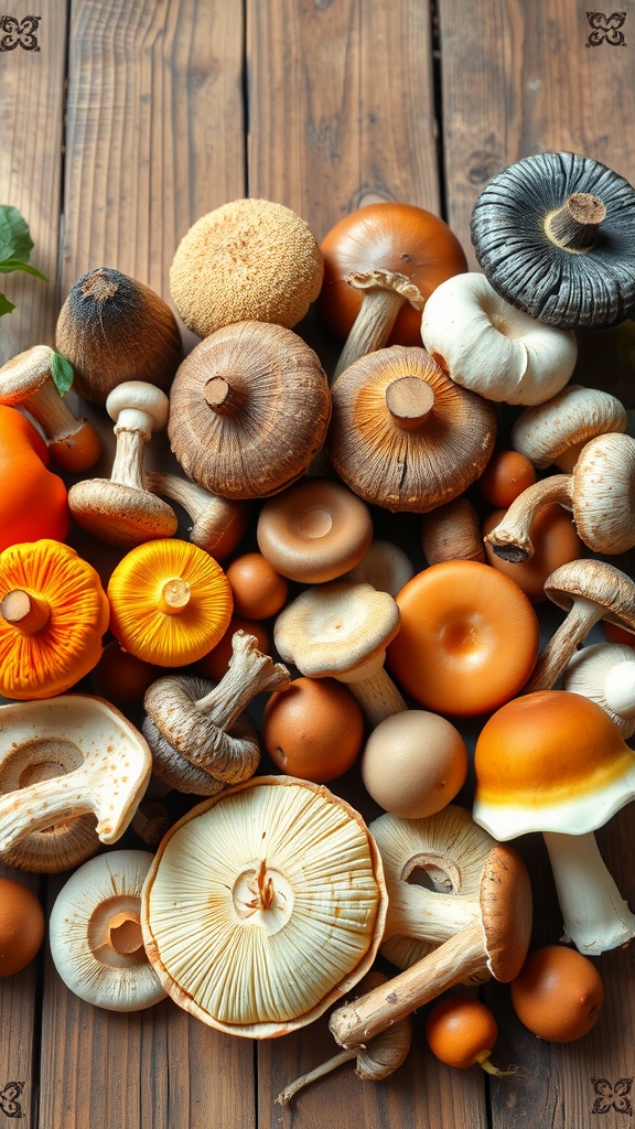 A variety of mushrooms displayed on a wooden surface, showcasing their shapes and colors.