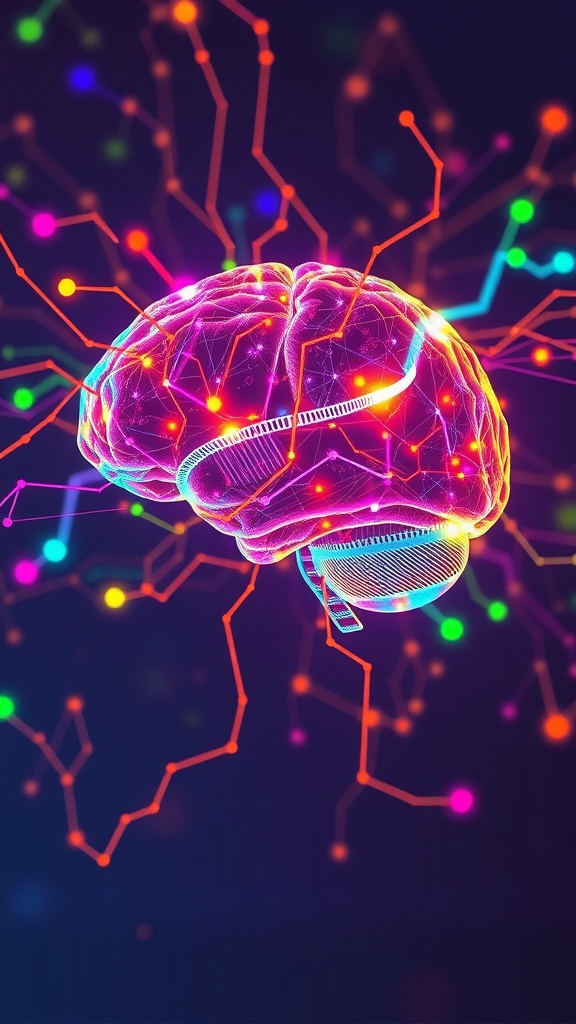 A colorful illustration of a brain with vibrant neural connections representing neuroplasticity.