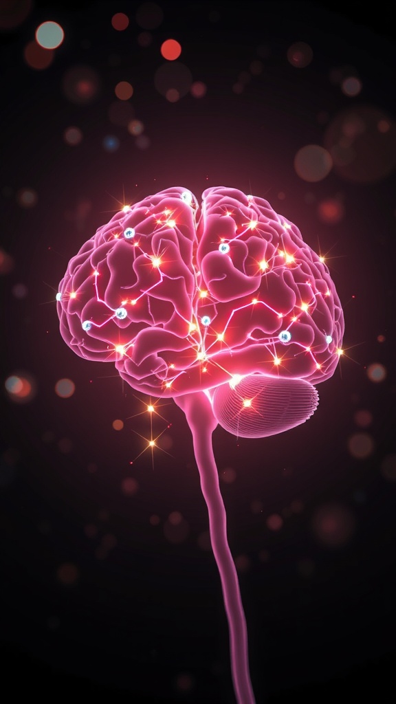 A glowing illustration of a brain with bright connections and pathways representing neuroplasticity.