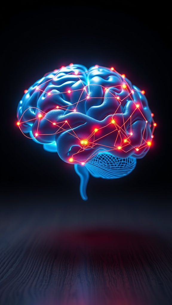 A glowing and vibrant representation of a brain with neural connections, symbolizing neuroplasticity and the brain's adaptability.