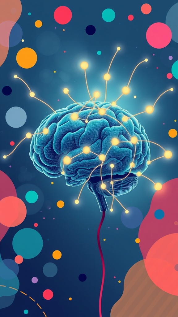 An artistic representation of a brain with glowing neural connections against a colorful background.