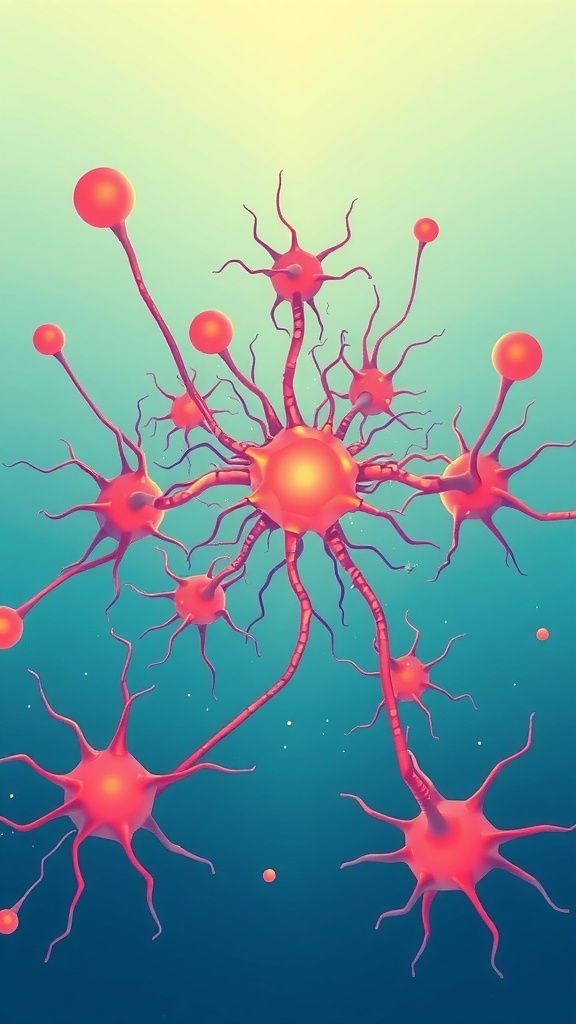 Illustration of neurons with vibrant colors representing synaptic connections in the brain.