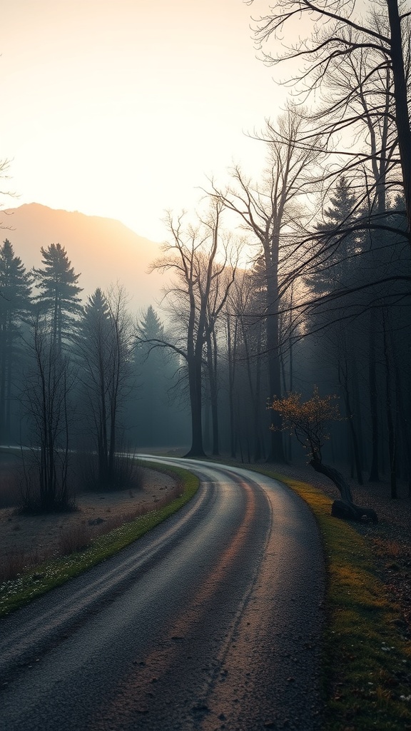 A winding road through a forest at sunrise with tall trees and a peaceful atmosphere.