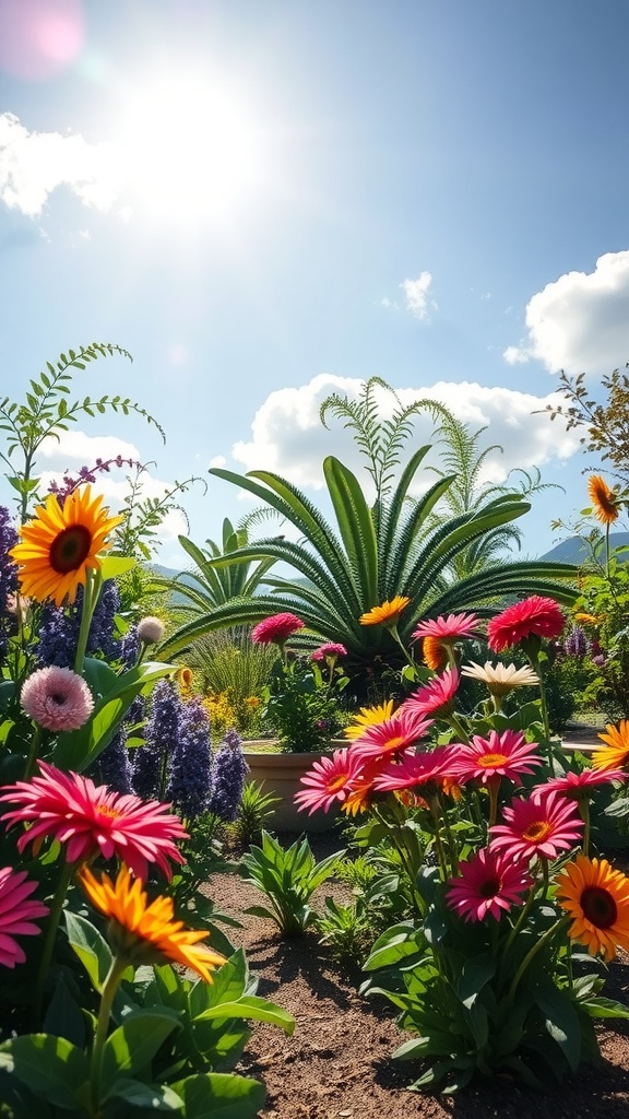 A vibrant garden filled with colorful flowers under a bright sun