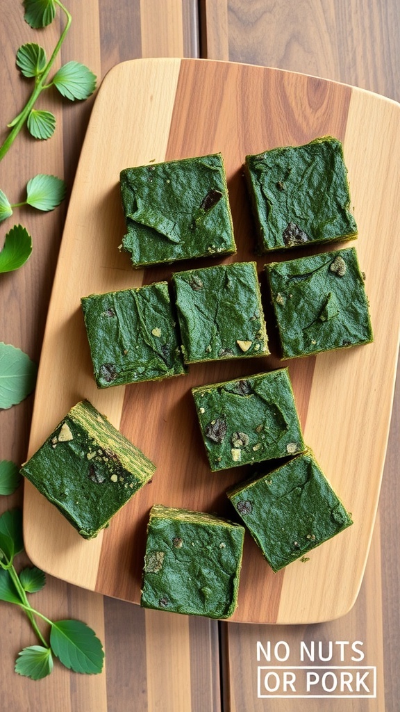 A plate of green spirulina energy bars on a wooden cutting board.