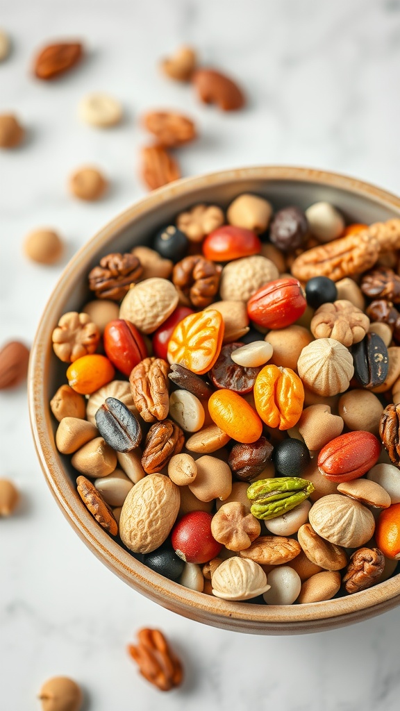 A bowl of colorful nutty trail mix filled with various nuts and seeds.