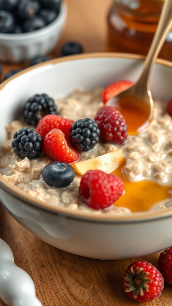 A bowl of oatmeal topped with berries and honey