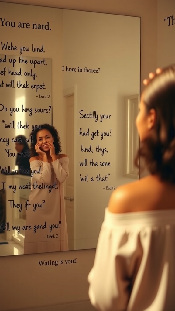 A person looking into a mirror with positive affirmations written on it.