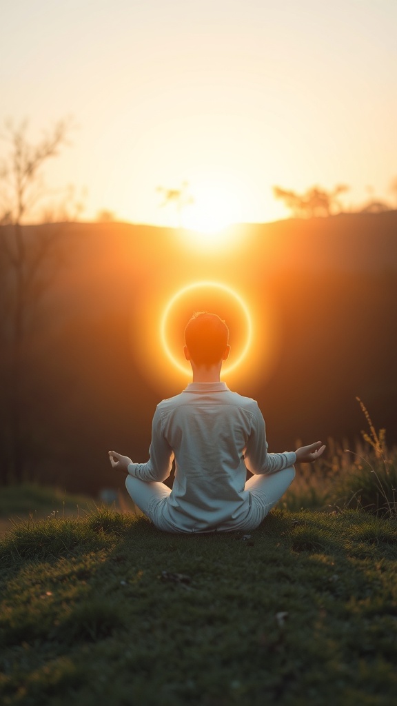 A person meditating at sunset, with a glowing halo effect around their head, symbolizing mindfulness and energy sensitivity.