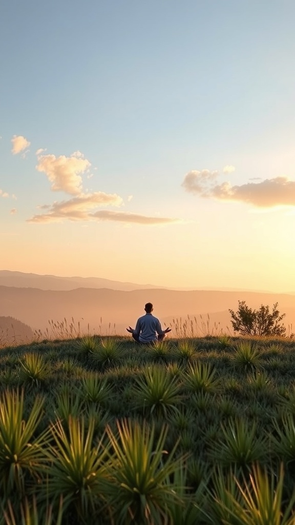 A person meditating on a grassy hill during sunset, surrounded by plants and mountains.