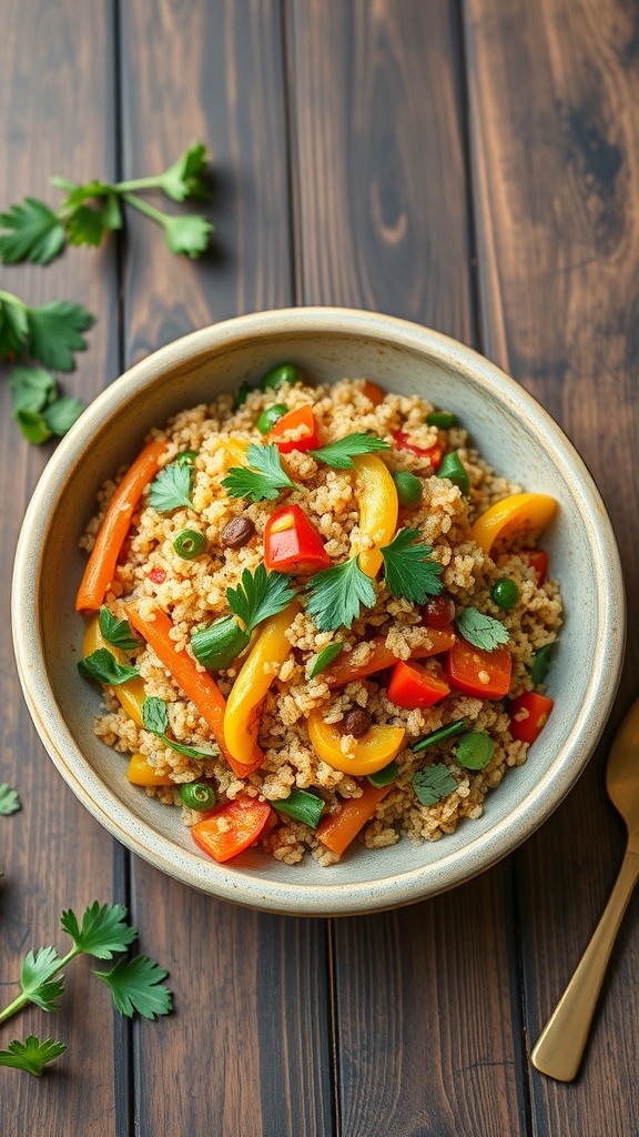 A bowl of quinoa and vegetable stir-fry with colorful bell peppers and green peas.