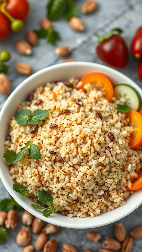 A bowl of quinoa garnished with herbs and accompanied by colorful vegetables and nuts.