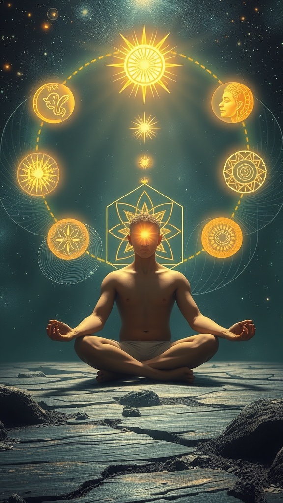 A meditating figure surrounded by glowing symbols and celestial elements, representing manifestation and inner peace.