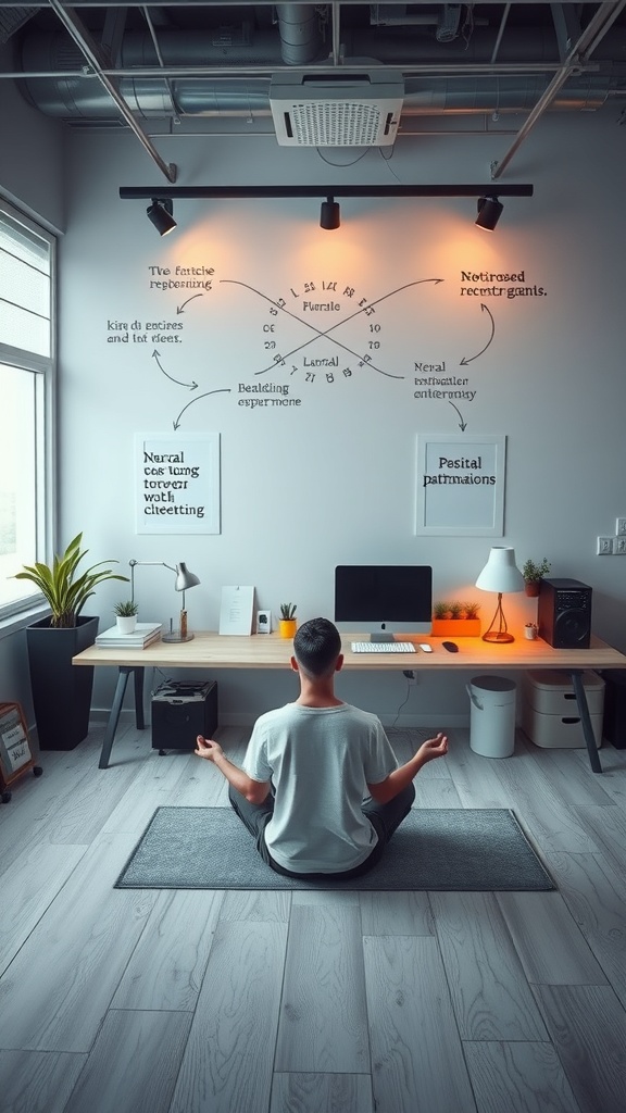 A person meditating in a modern workspace with diagrams on the wall, symbolizing mental reprogramming.