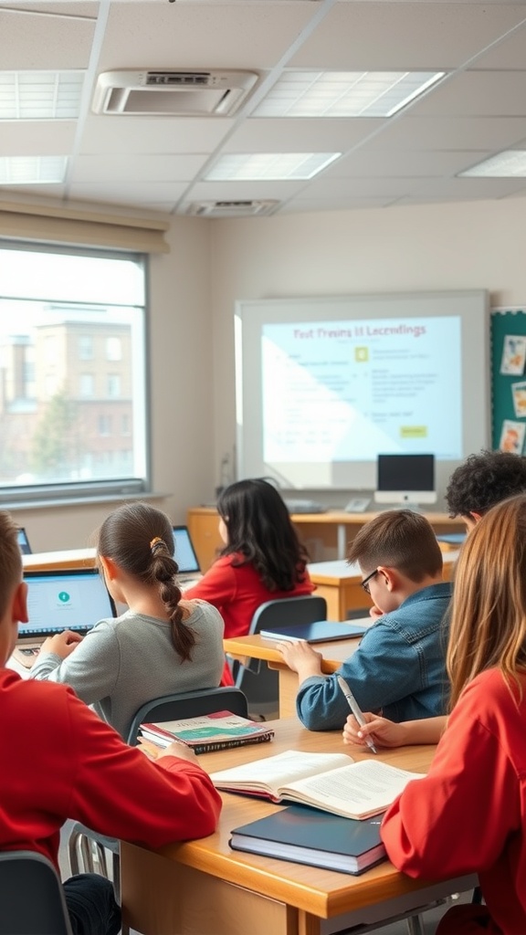 A classroom with students engaged in learning, focusing on devices and a presentation.